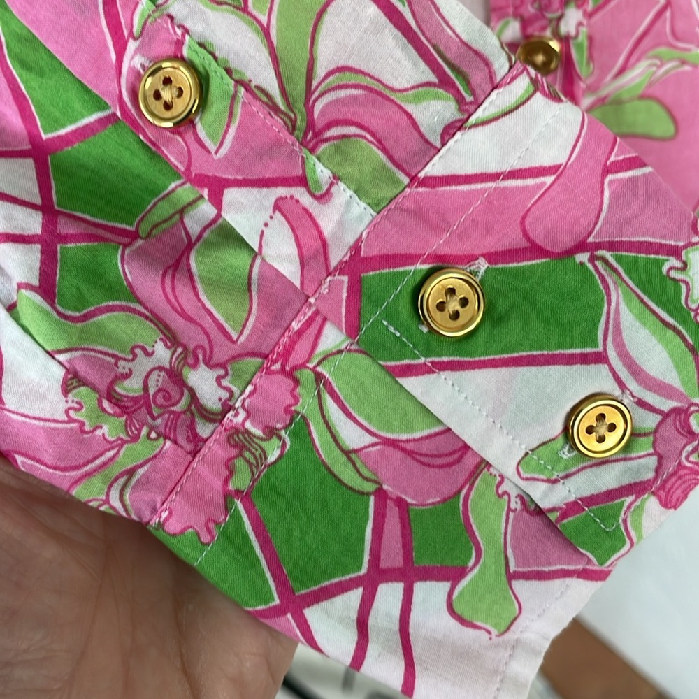 Lilly Pulitzer Pink and‎ Green Floral Cotton Long Sleeve Blouse - Picture 3 of 8
